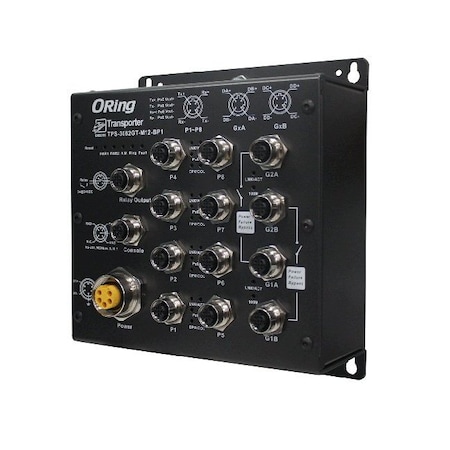 Oring Industrial Networking EN50155 IP40 8x 10/100TX M12 PoE 15.4Watts + 2x 10/100/1000TX M12 with HW TPS-3082GT-M12-BP1